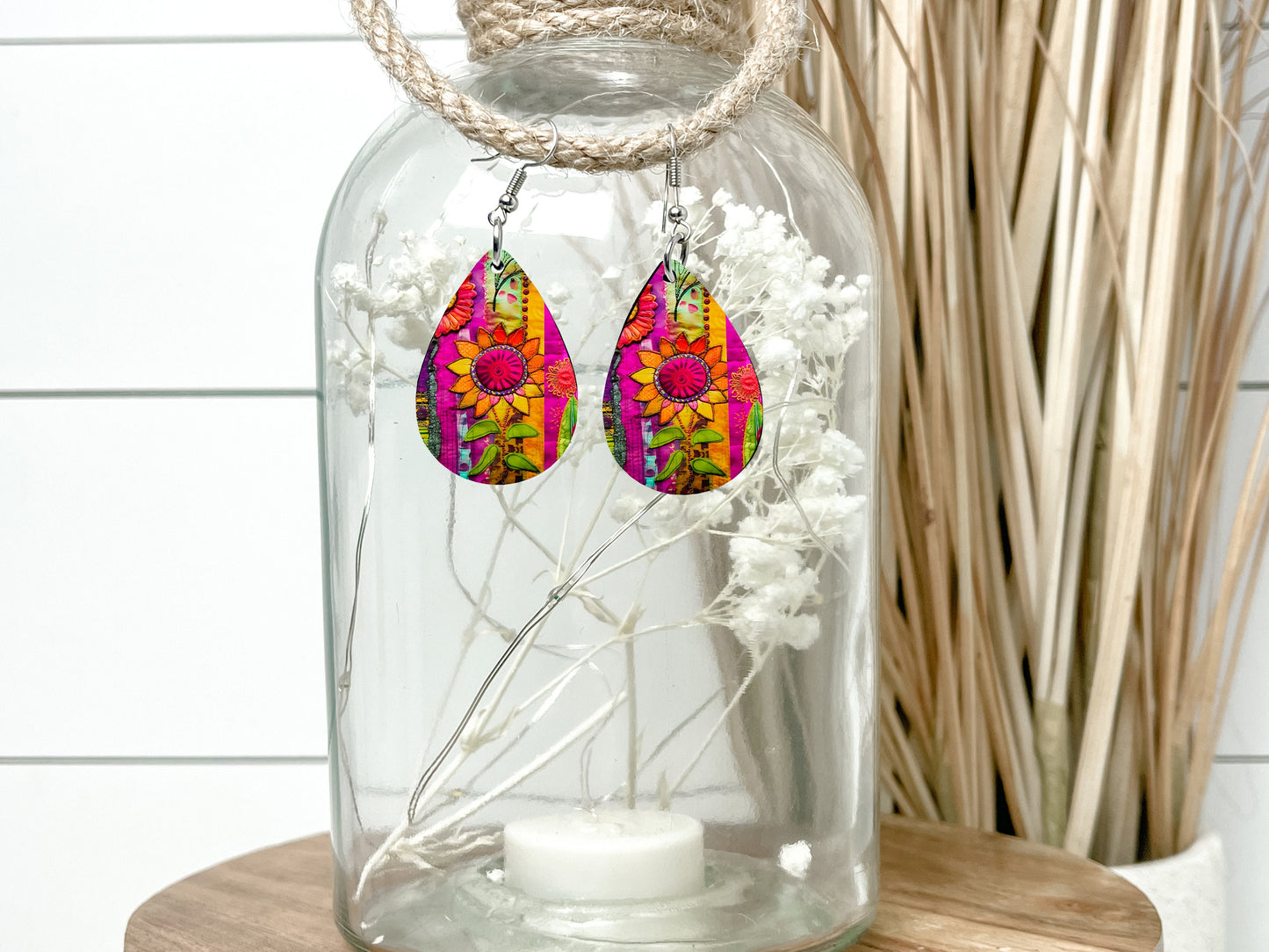 Gypsy Sunflower Earrings Print Tear Drop Wood Dangle Earrings Hypoallergenic Jewelry