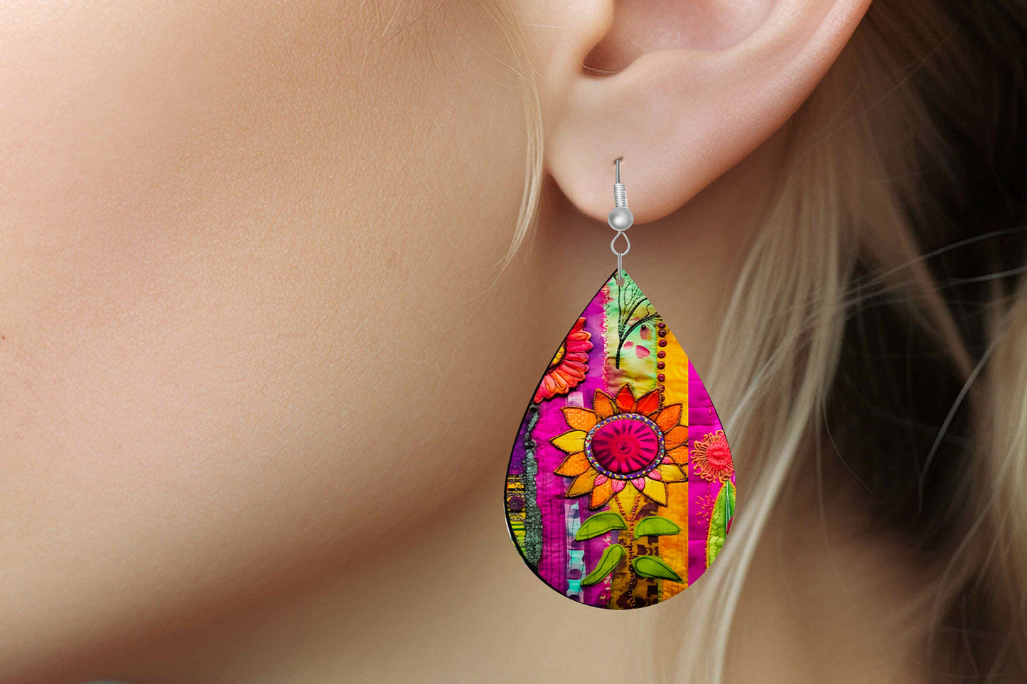 Gypsy Sunflower Earrings Print Tear Drop Wood Dangle Earrings Hypoallergenic Jewelry