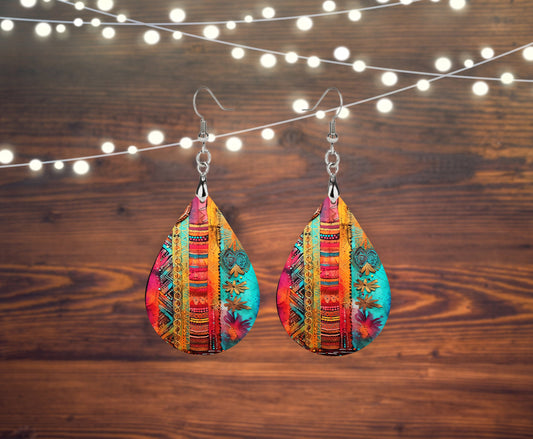 Gypsy Tapestry Earrings Print Tear Drop Wood Dangle Earrings Hypoallergenic Jewelry