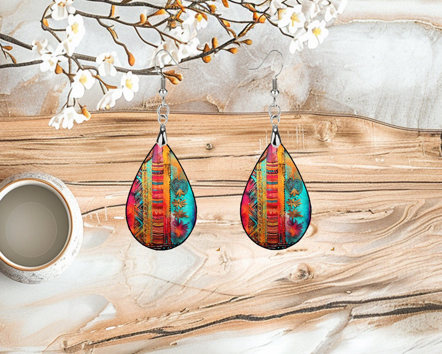 Gypsy Tapestry Earrings Print Tear Drop Wood Dangle Earrings Hypoallergenic Jewelry