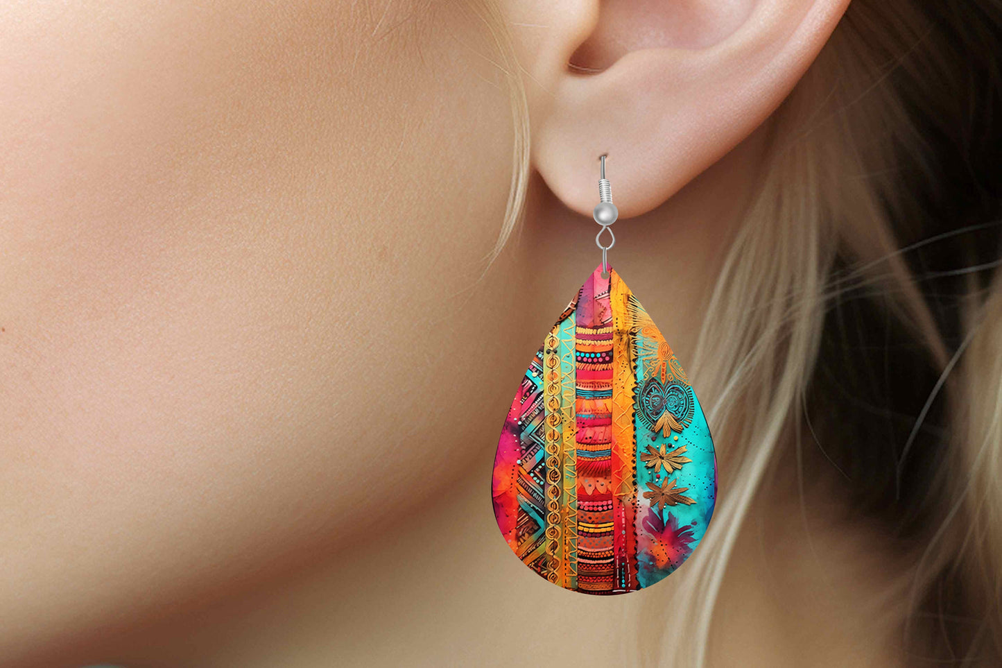 Gypsy Tapestry Earrings Print Tear Drop Wood Dangle Earrings Hypoallergenic Jewelry