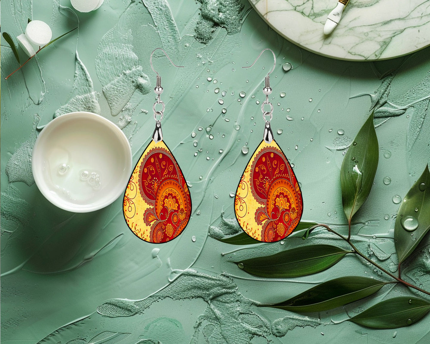 Henna Paisley Earrings Print Tear Drop Wood Dangle Earrings Hypoallergenic Jewelry