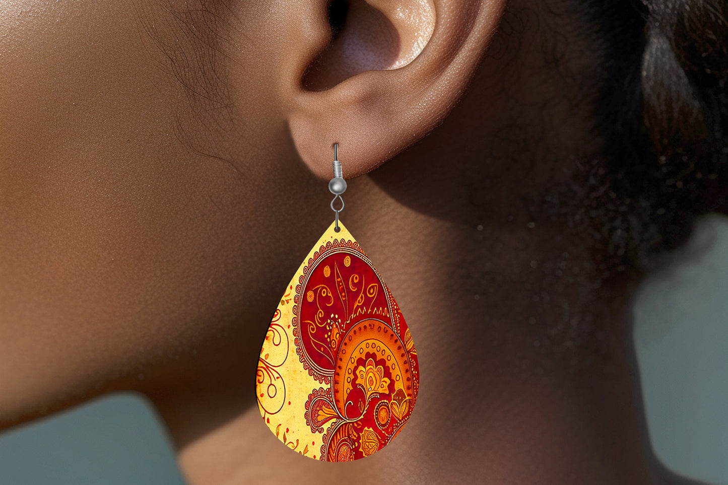 Henna Paisley Earrings Print Tear Drop Wood Dangle Earrings Hypoallergenic Jewelry