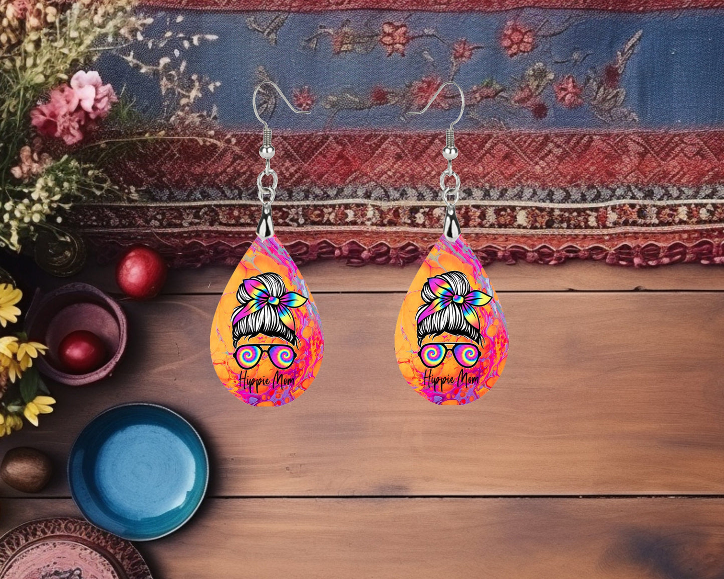 Hippie Mom Earrings Print Tear Drop Wood Dangle Earrings Hypoallergenic Jewelry