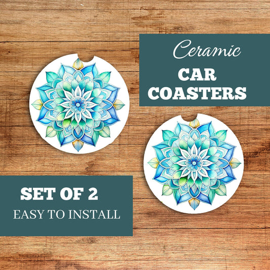 Set of 2 Blue Green Mandala Sandstone Car Coasters