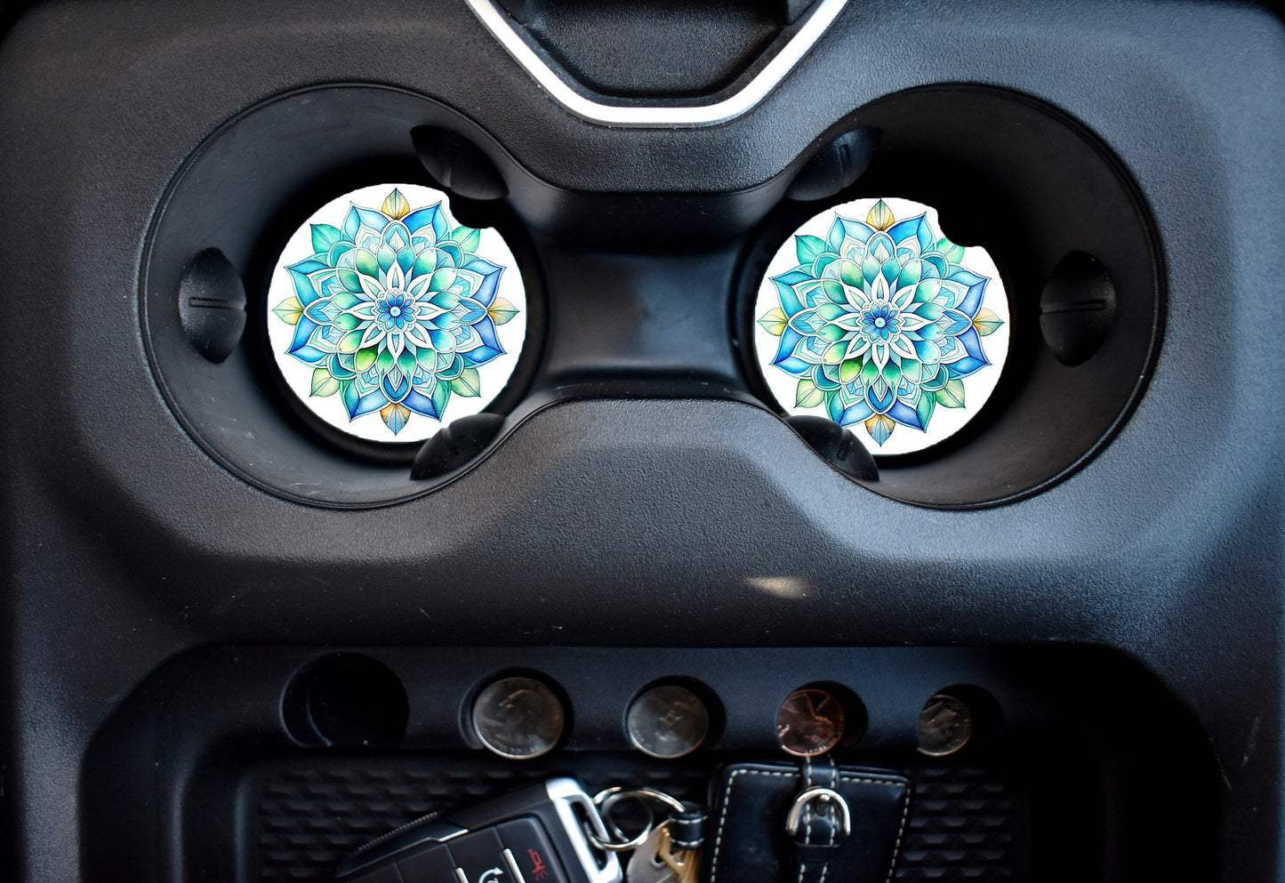 Set of 2 Blue Green Mandala Sandstone Car Coasters