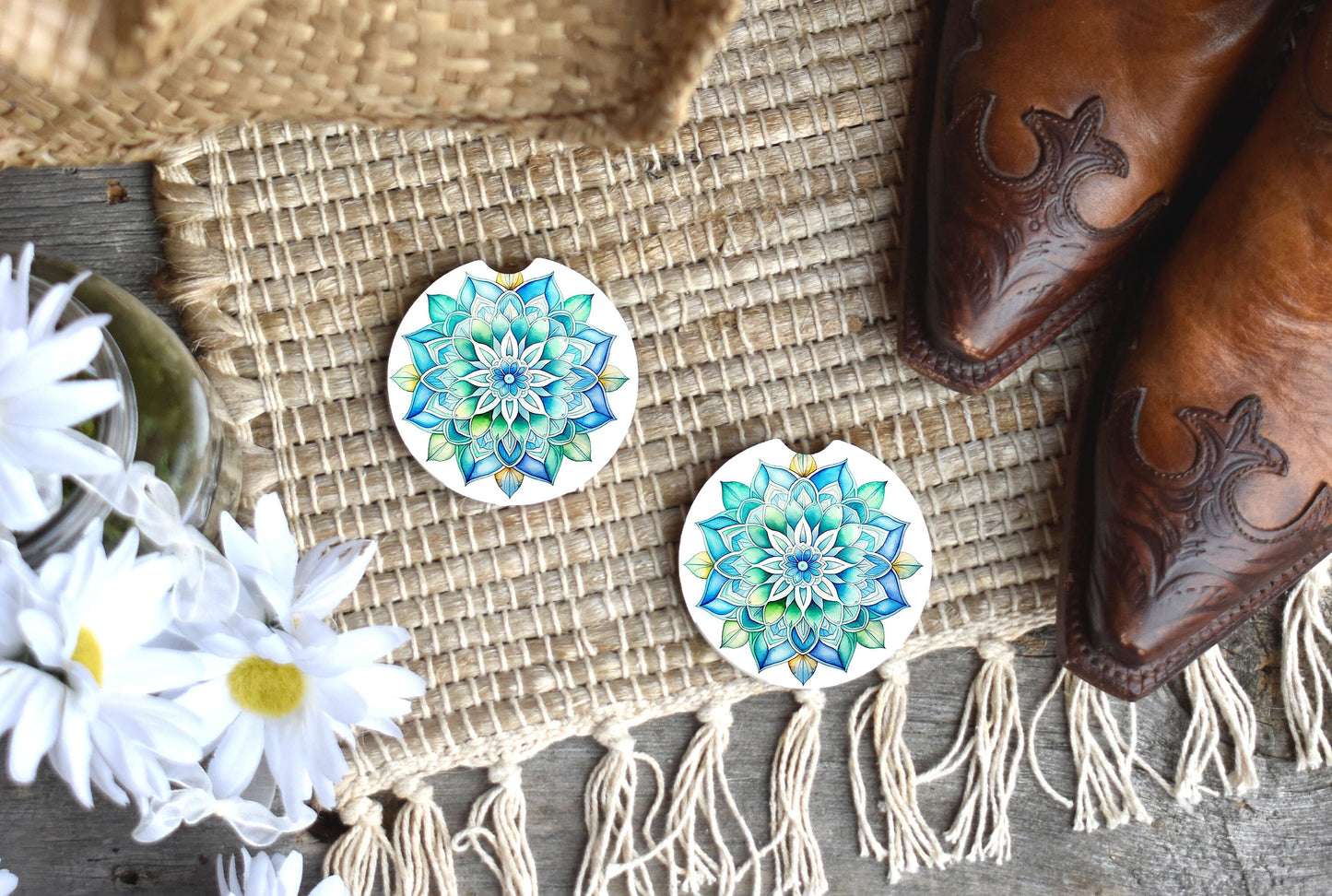 Set of 2 Blue Green Mandala Sandstone Car Coasters