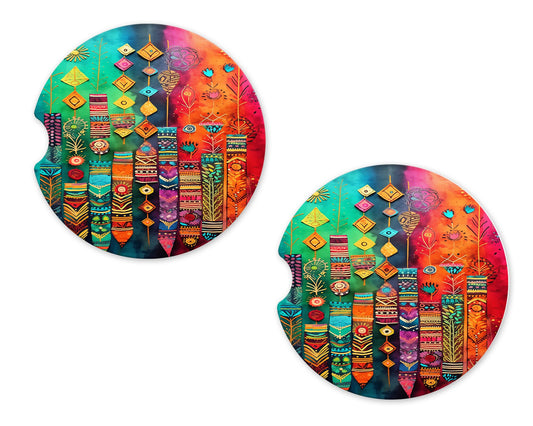 Set of 2 Boho Tapestry Sandstone Car Coasters, Car Accessory