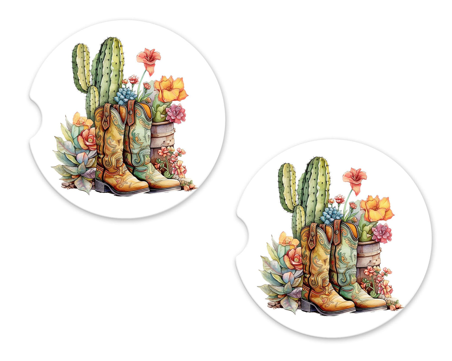 Set of 2 Boots and Cactus Sandstone Car Coasters