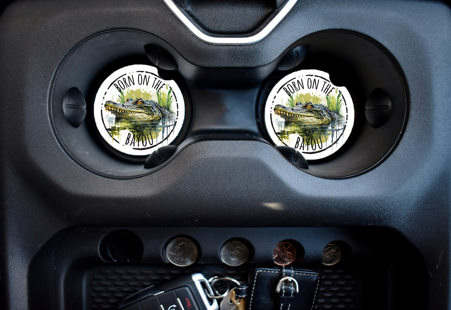 Set of 2 Born on the Bayou Alligator Sandstone Car Coasters, Car Accessory