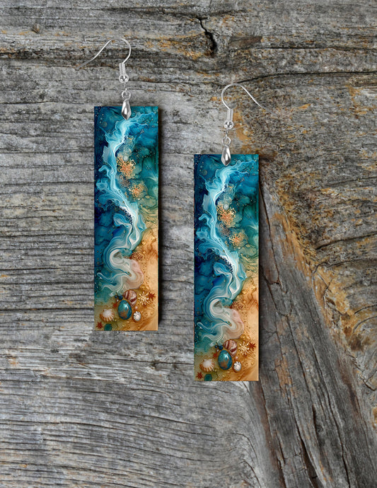 Alcohol Ink Beach Earrings, Printed Wood Dangle Earrings Hypoallergenic Jewelry Handmade