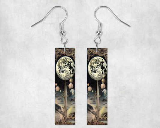 Alien Moon Earrings, Printed Wood Dangle Earrings Hypoallergenic Jewelry Handmade