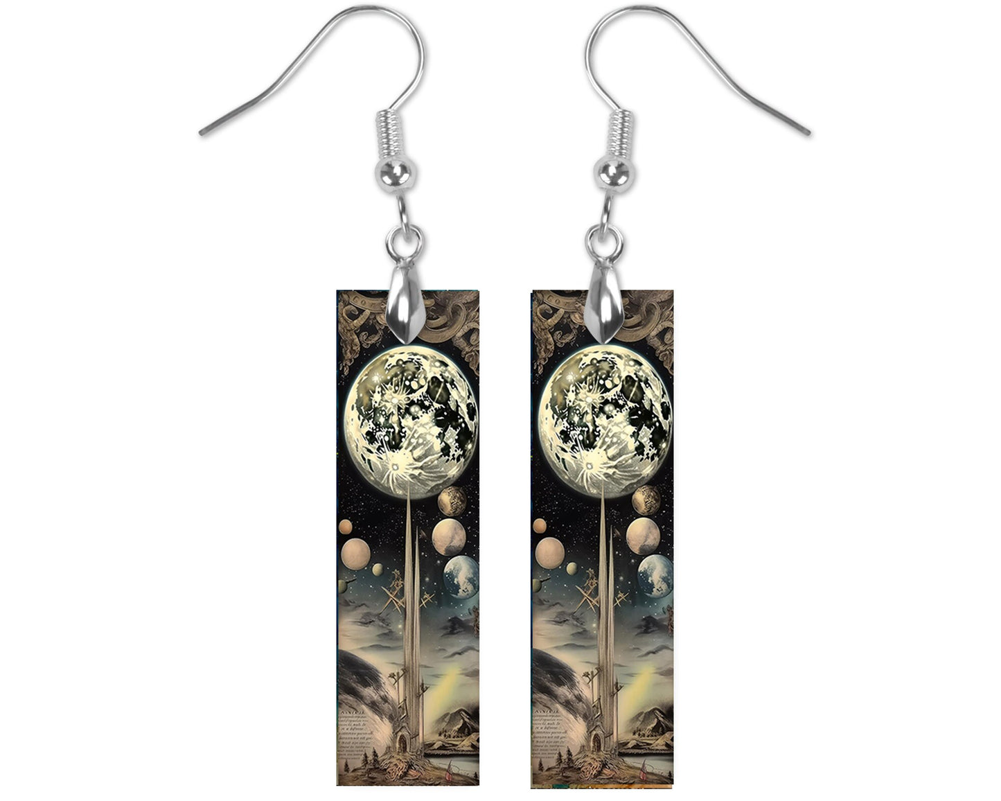 Alien Moon Earrings, Printed Wood Dangle Earrings Hypoallergenic Jewelry Handmade