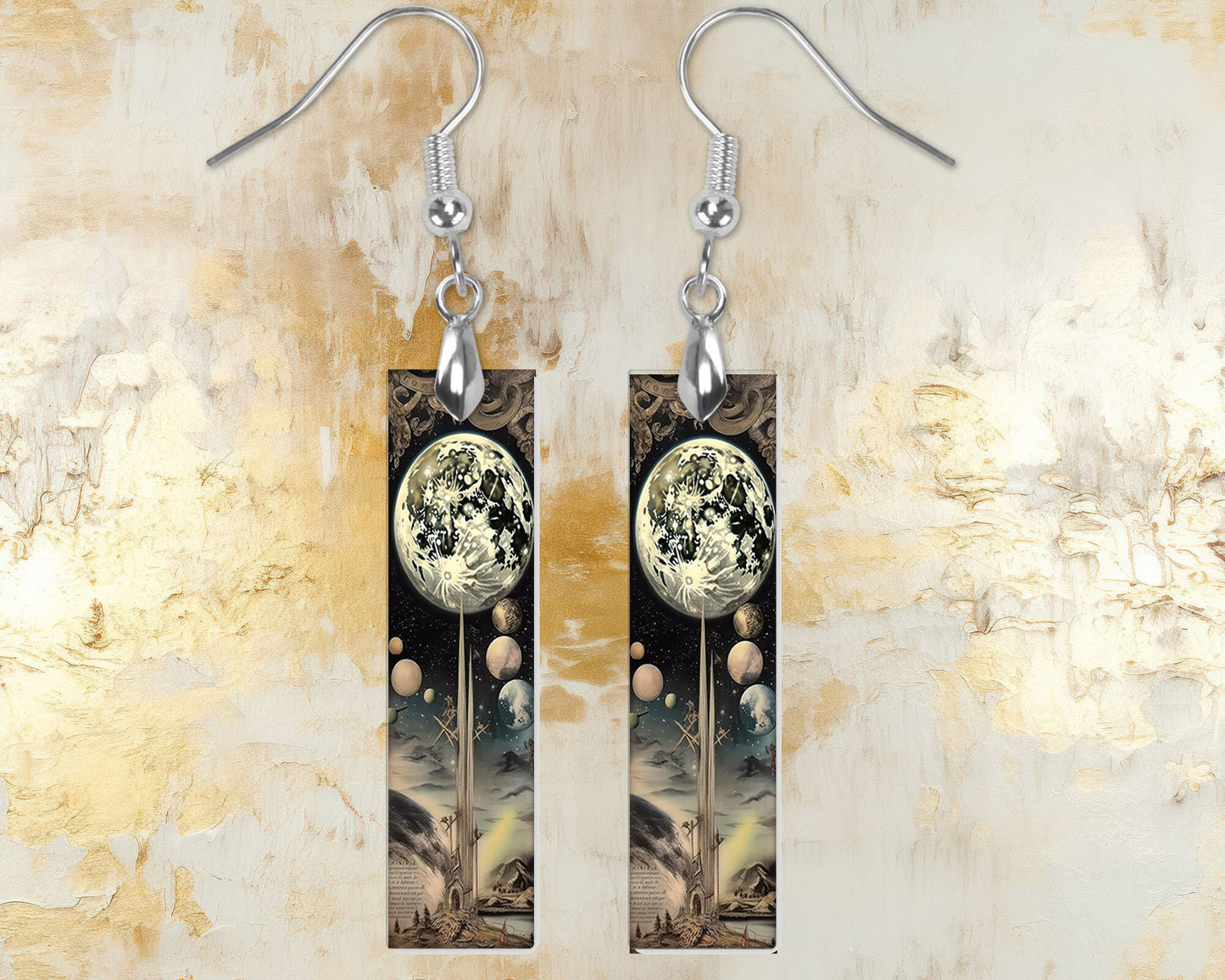 Alien Moon Earrings, Printed Wood Dangle Earrings Hypoallergenic Jewelry Handmade