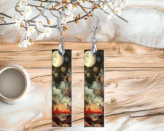 Alien Sky Earrings, Printed Wood Dangle Earrings Hypoallergenic Jewelry Handmade