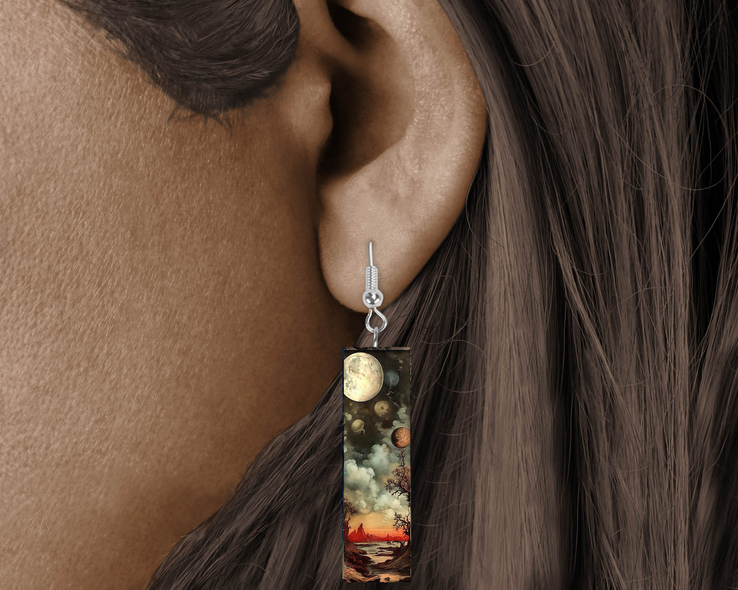 Alien Sky Earrings, Printed Wood Dangle Earrings Hypoallergenic Jewelry Handmade