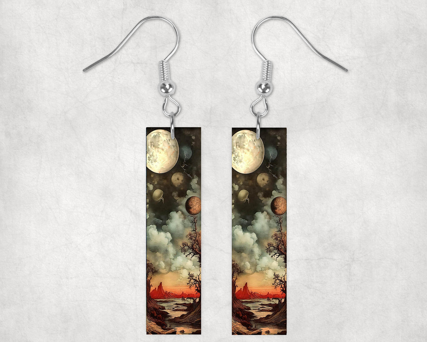 Alien Sky Earrings, Printed Wood Dangle Earrings Hypoallergenic Jewelry Handmade