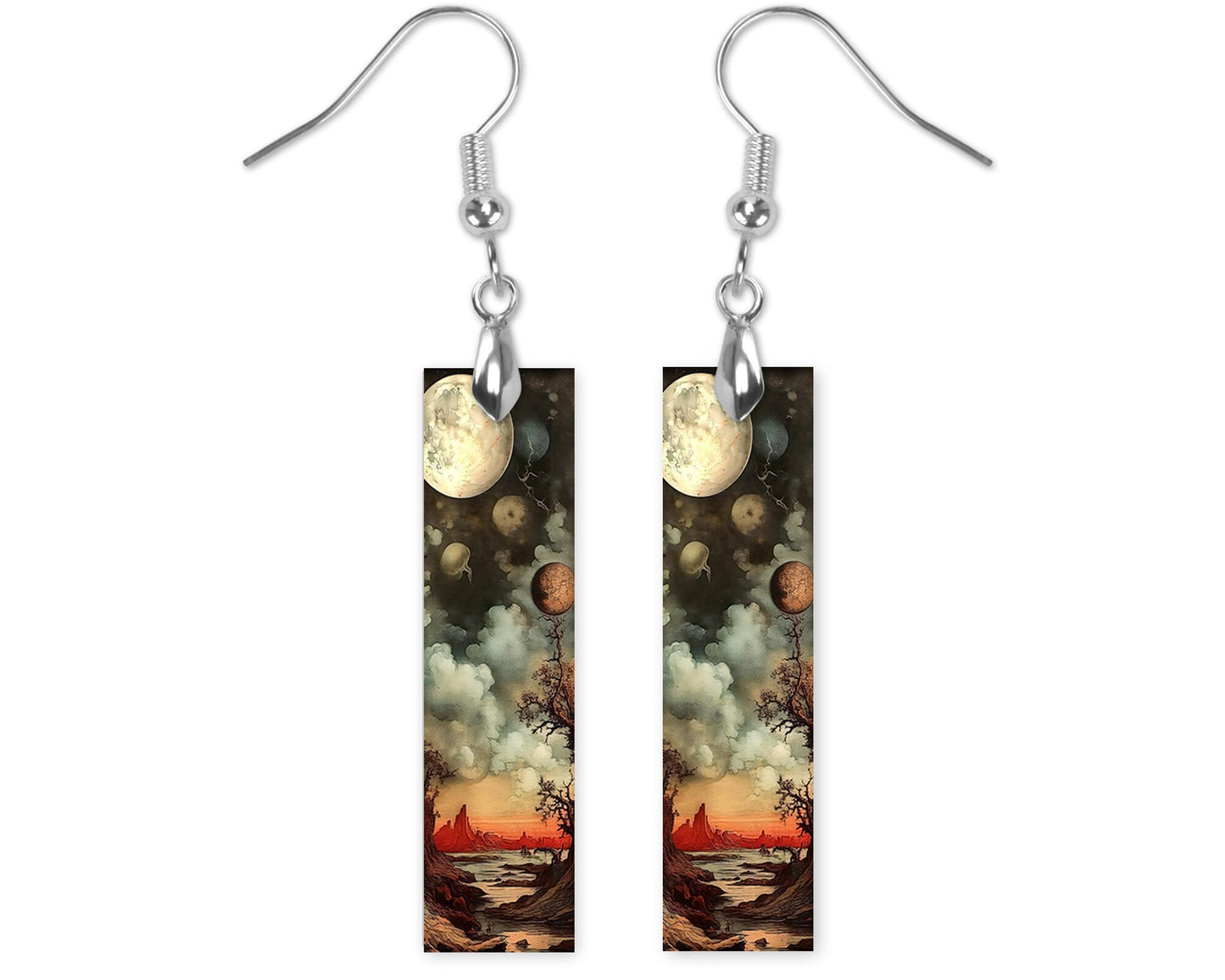 Alien Sky Earrings, Printed Wood Dangle Earrings Hypoallergenic Jewelry Handmade