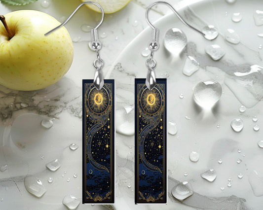 Art Deco Celestial Earrings, Printed Wood Dangle Earrings Hypoallergenic Jewelry Handmade