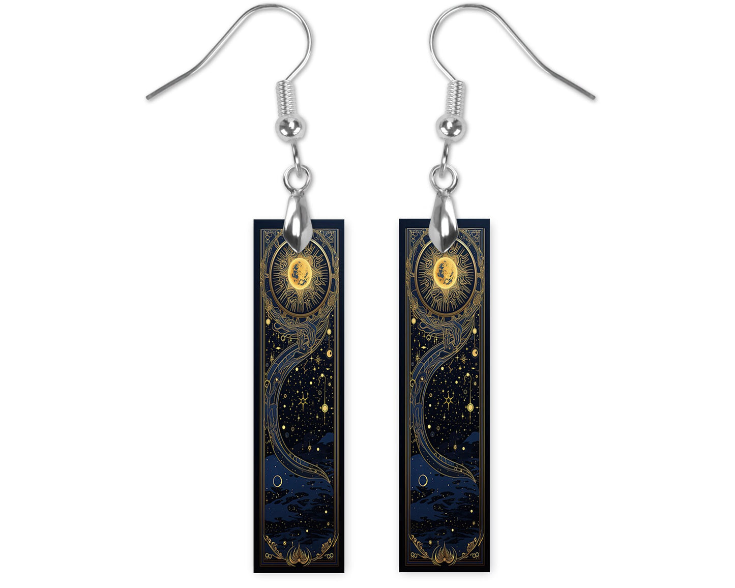 Art Deco Celestial Earrings, Printed Wood Dangle Earrings Hypoallergenic Jewelry Handmade