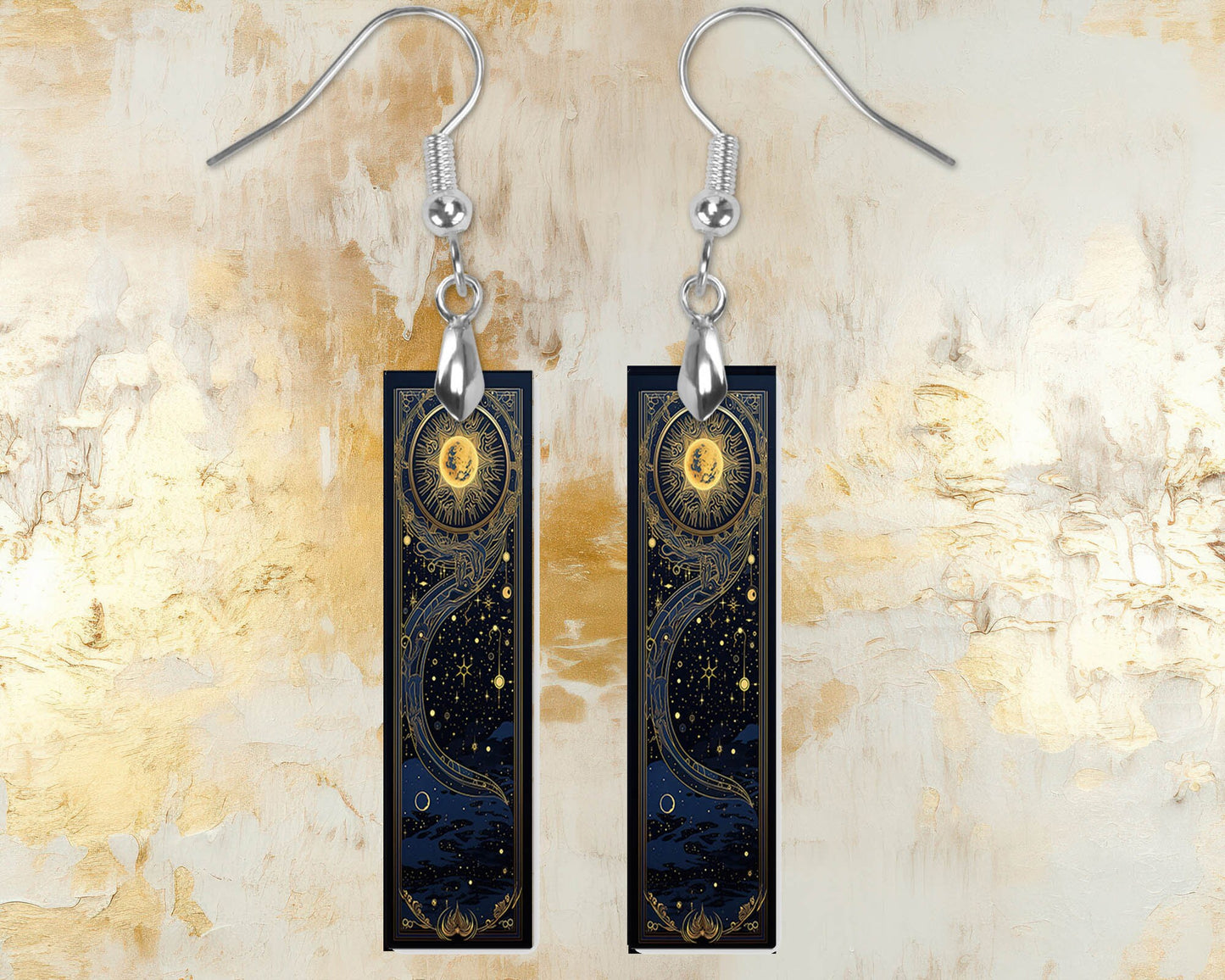 Art Deco Celestial Earrings, Printed Wood Dangle Earrings Hypoallergenic Jewelry Handmade