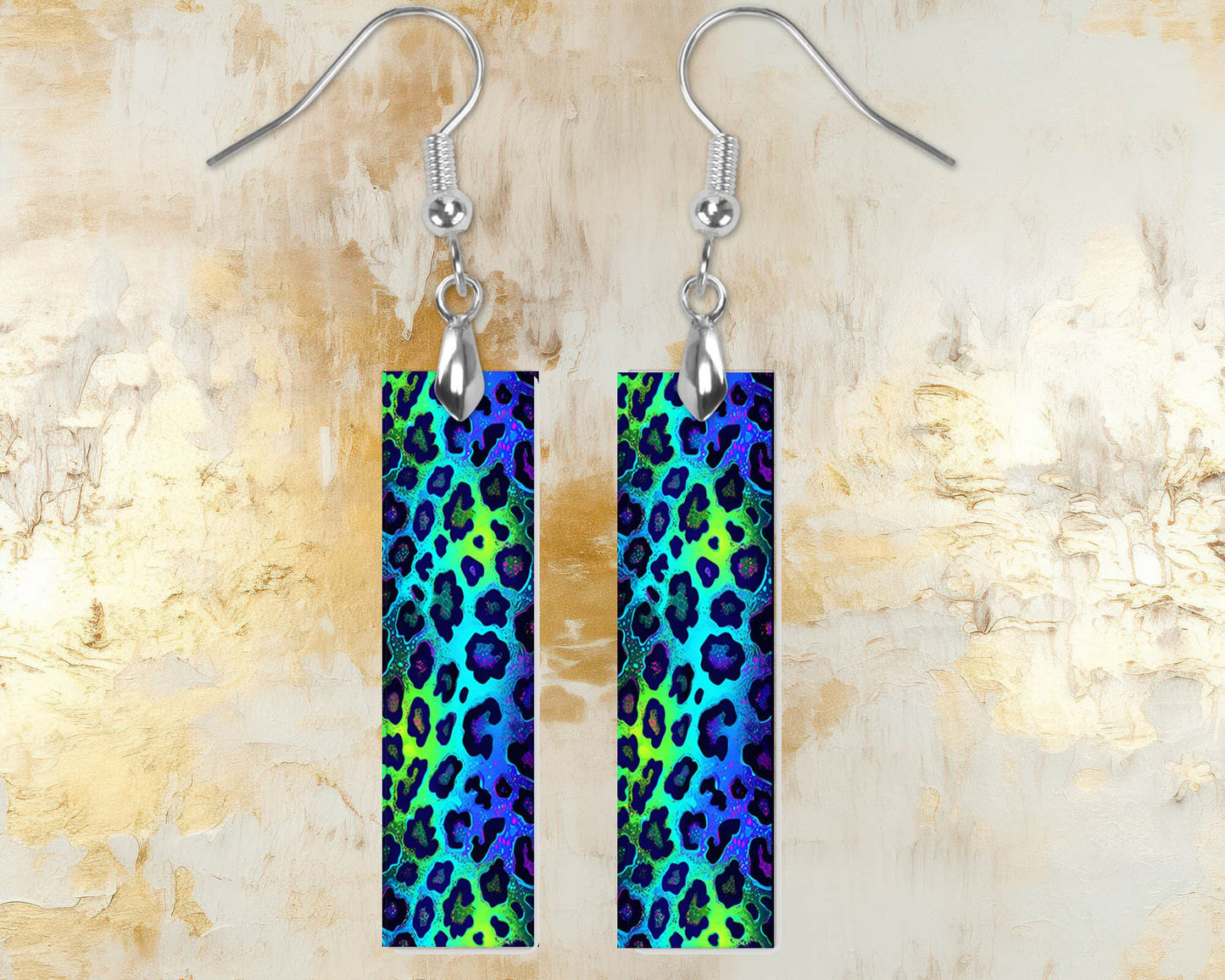 Blue and Lime Leopard Print Earrings, Printed Wood Dangle Earrings Hypoallergenic Jewelry Handmade