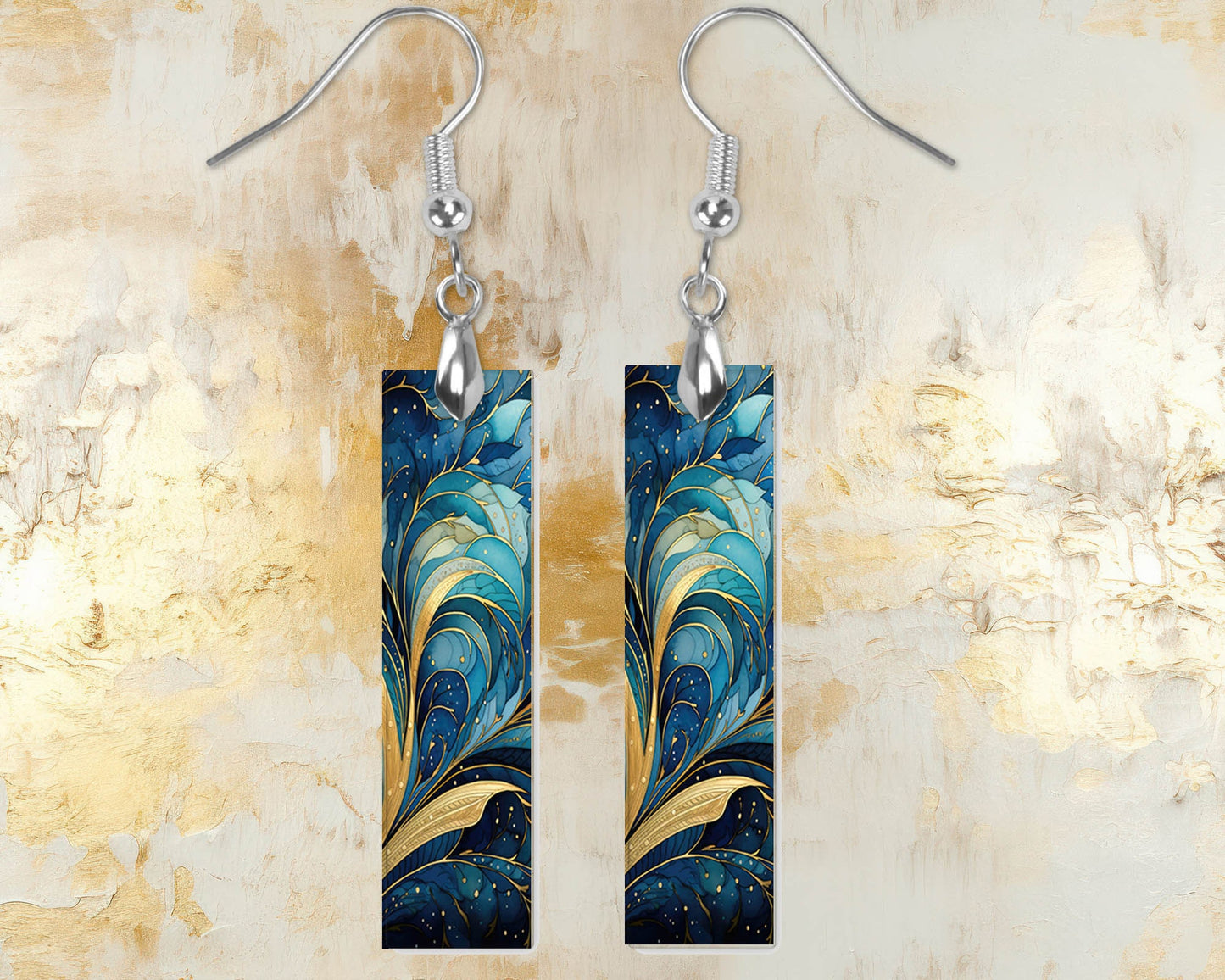 Blue Ripple Earrings, Printed Wood Dangle Earrings Hypoallergenic Jewelry Handmade