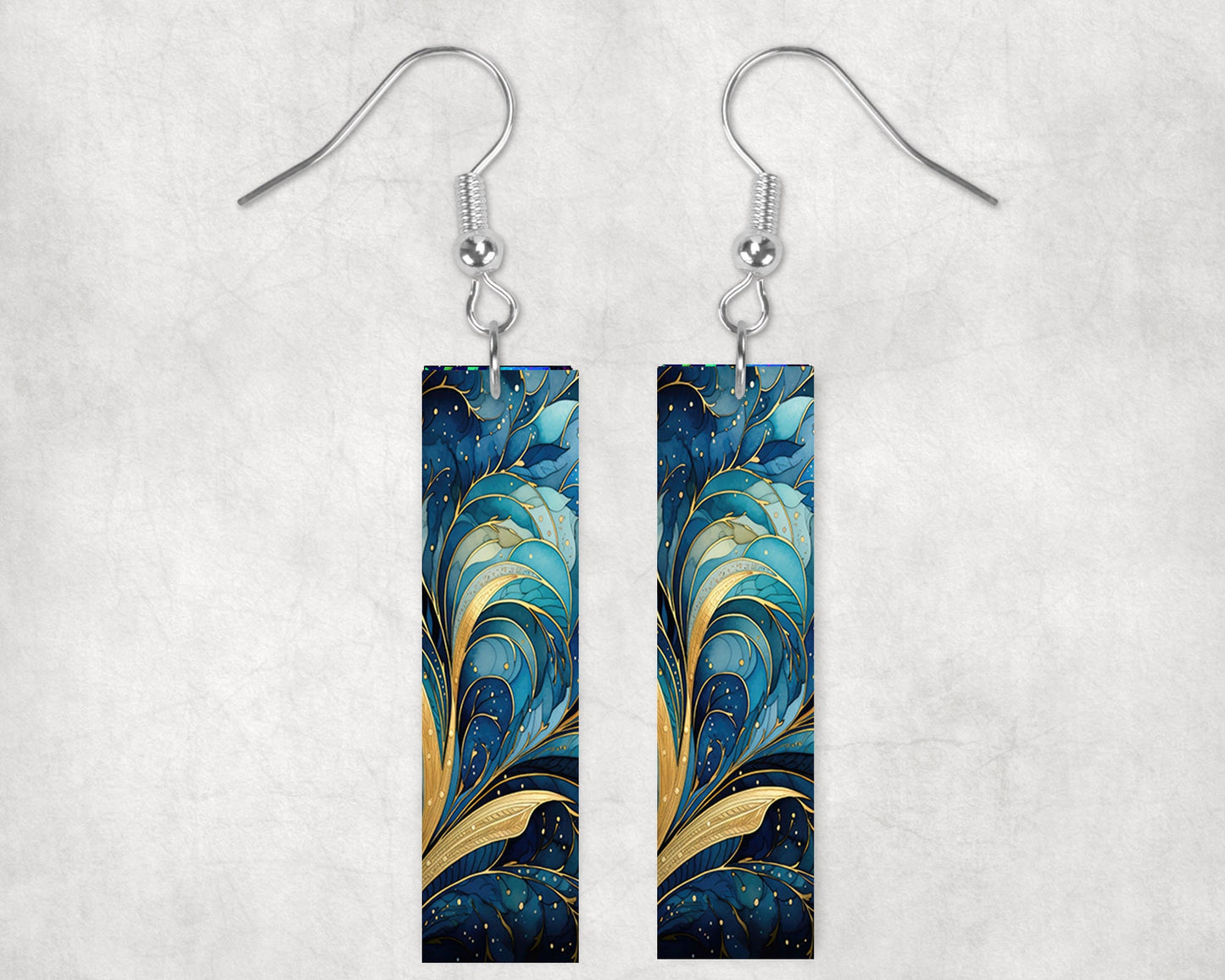 Blue Ripple Earrings, Printed Wood Dangle Earrings Hypoallergenic Jewelry Handmade