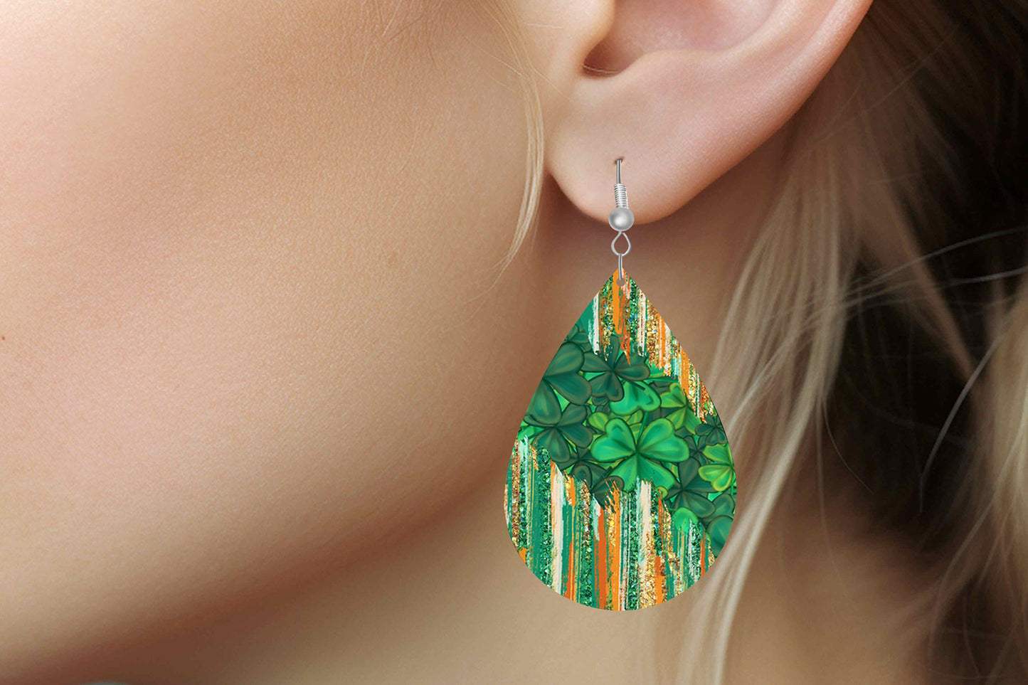 St. Patrick's Day Clover Print Tear Drop Wood Dangle Earrings Hypoallergenic Jewelry