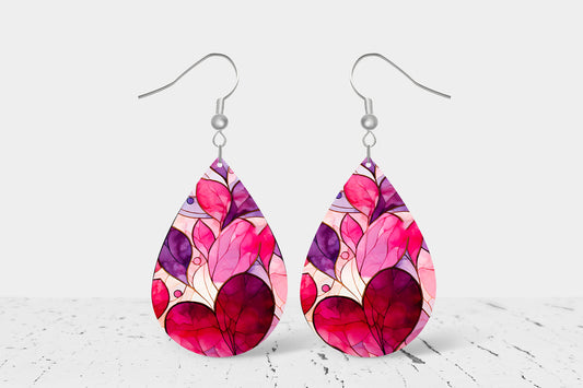 Faux Stain Glass Hearts Print Tear Drop Wood Dangle Earrings Hypoallergenic Jewelry