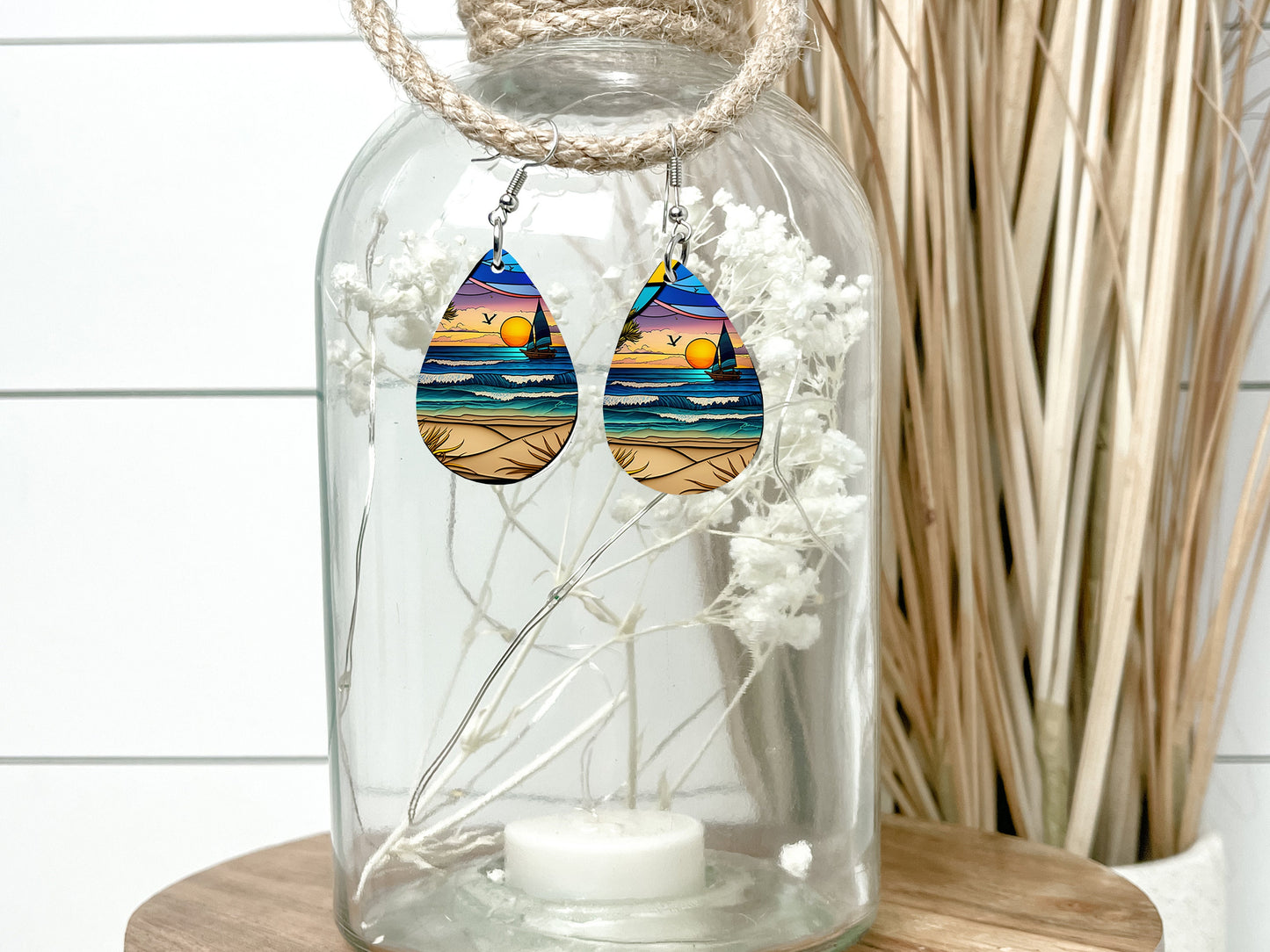 Faux Stain Glass Sailboats Print Tear Drop Wood Dangle Earrings Hypoallergenic Jewelry