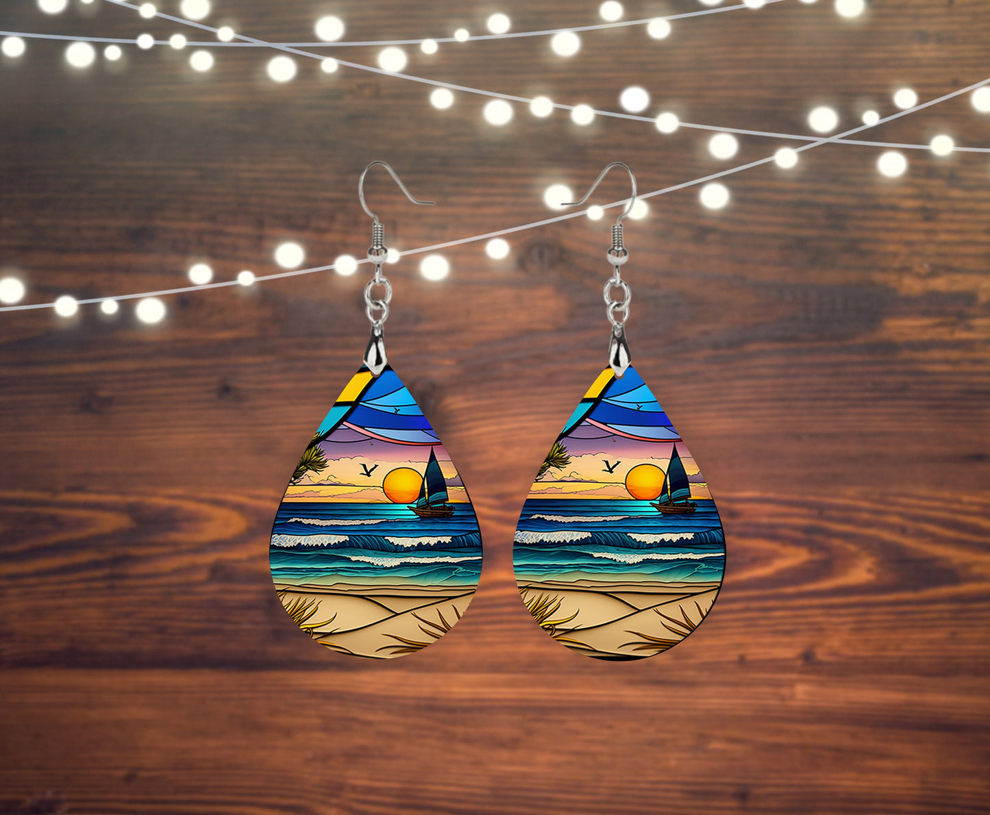 Faux Stain Glass Sailboats Print Tear Drop Wood Dangle Earrings Hypoallergenic Jewelry