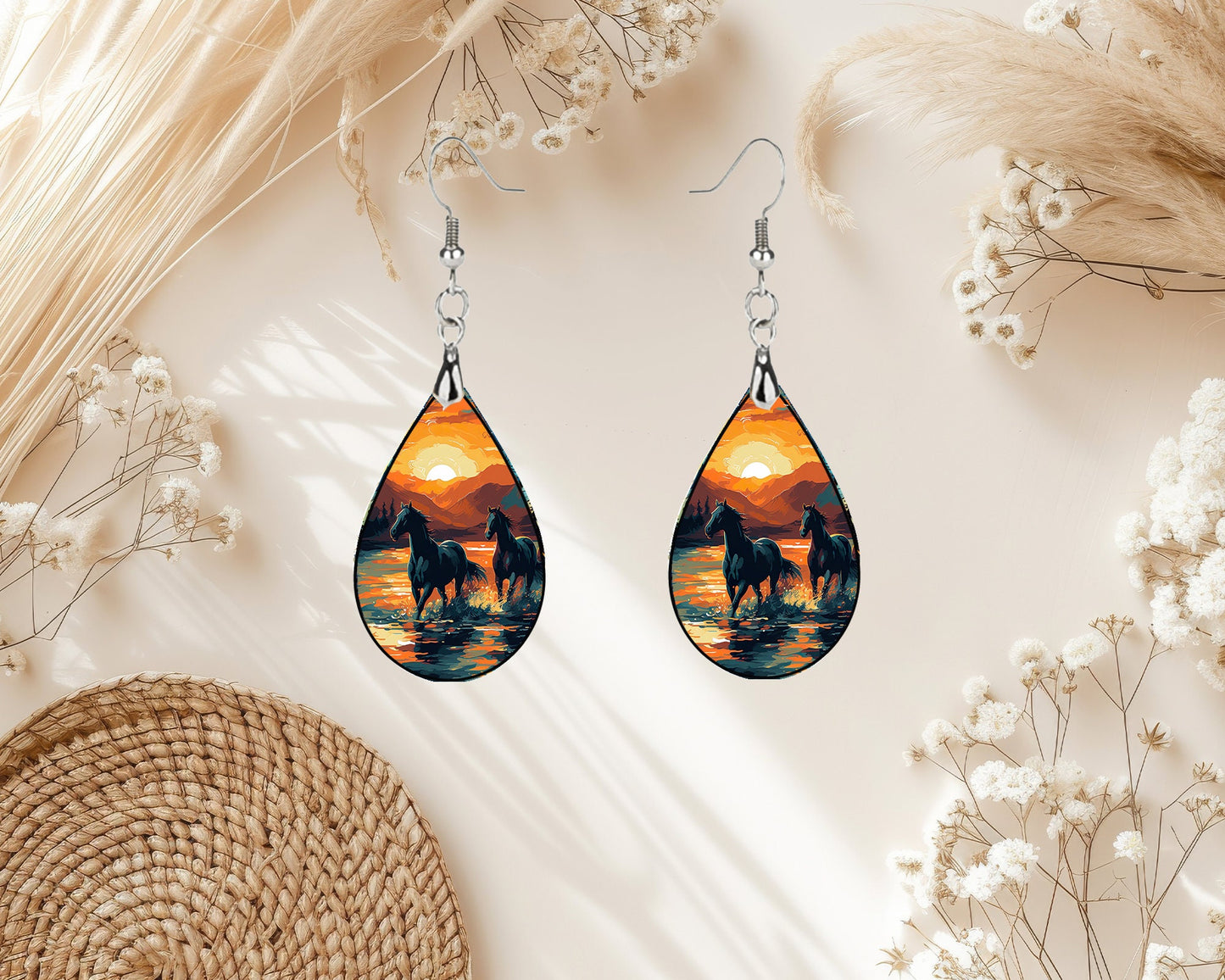 Sunset Horses Print Tear Drop Wood Dangle Earrings Hypoallergenic Jewelry