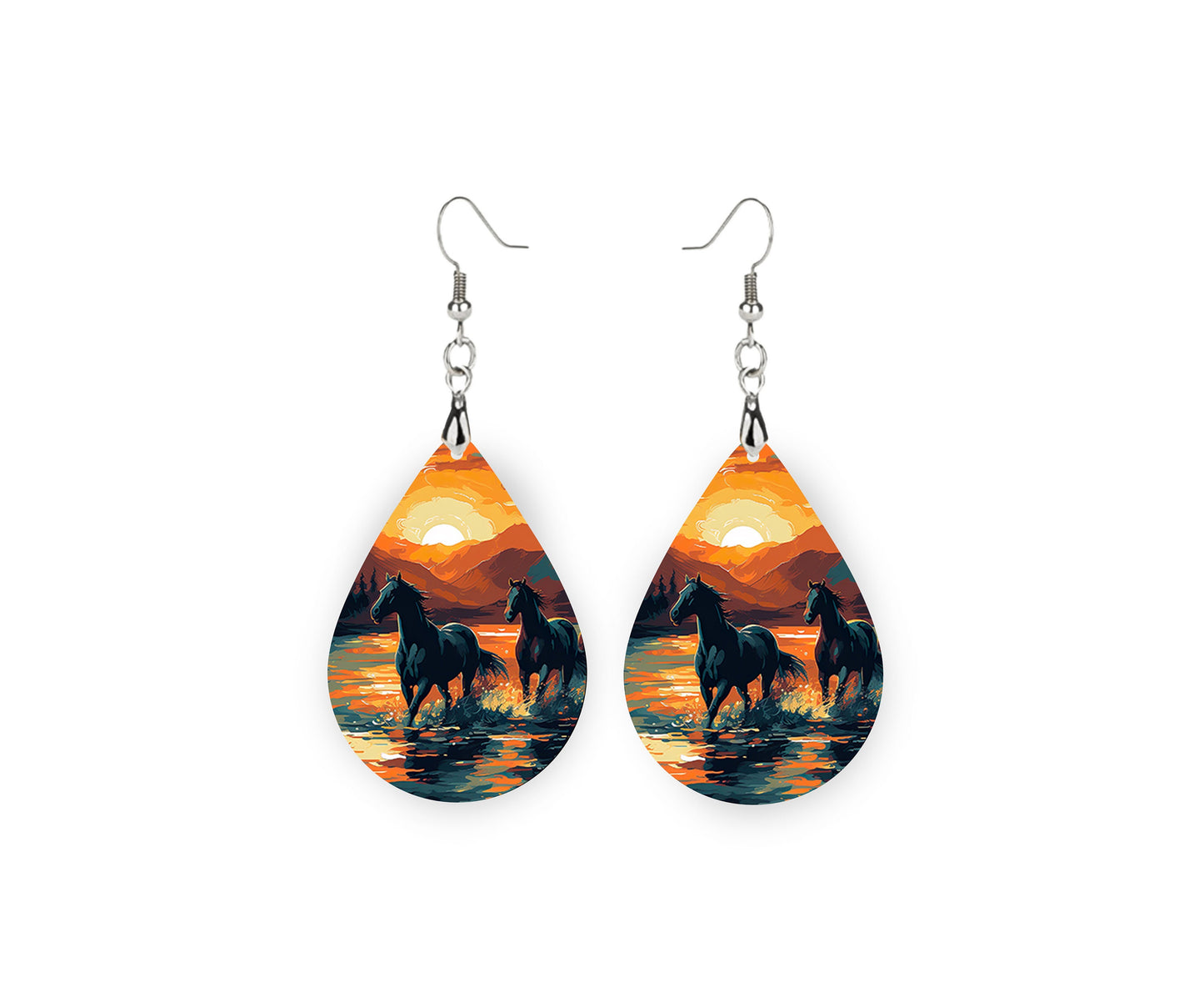 Sunset Horses Print Tear Drop Wood Dangle Earrings Hypoallergenic Jewelry