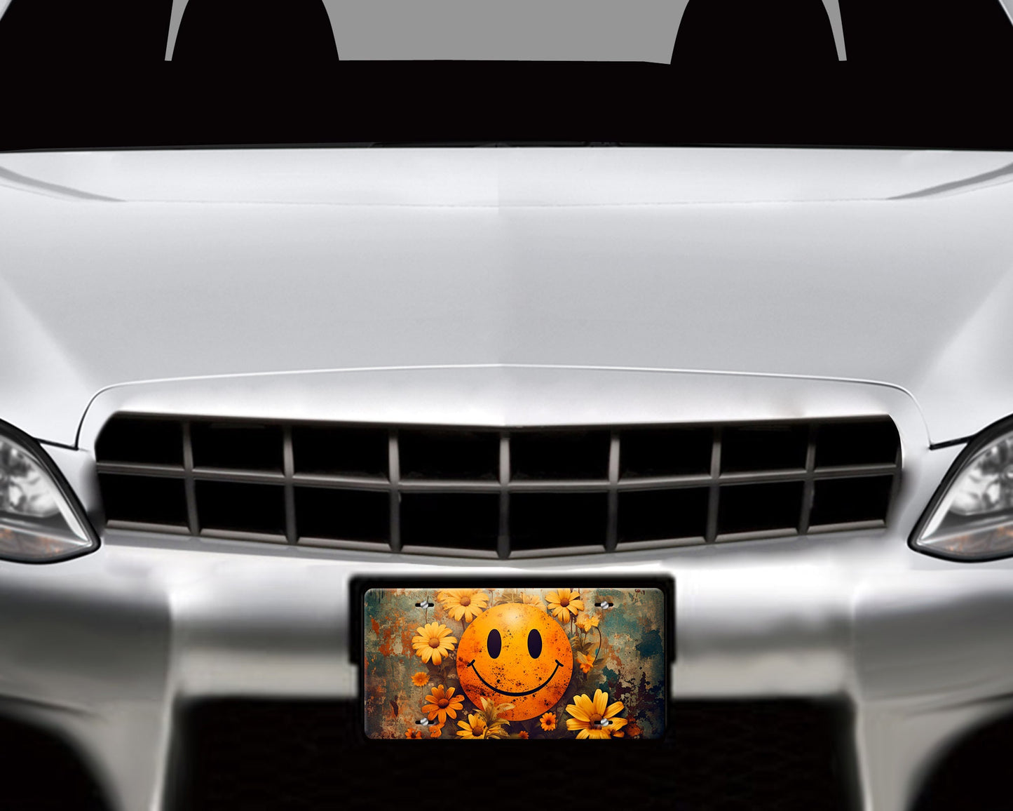 Vanity Front License Plate, Distressed Smiley Face Aluminum Vanity License Plate Car Accessory Decorative Front Plate