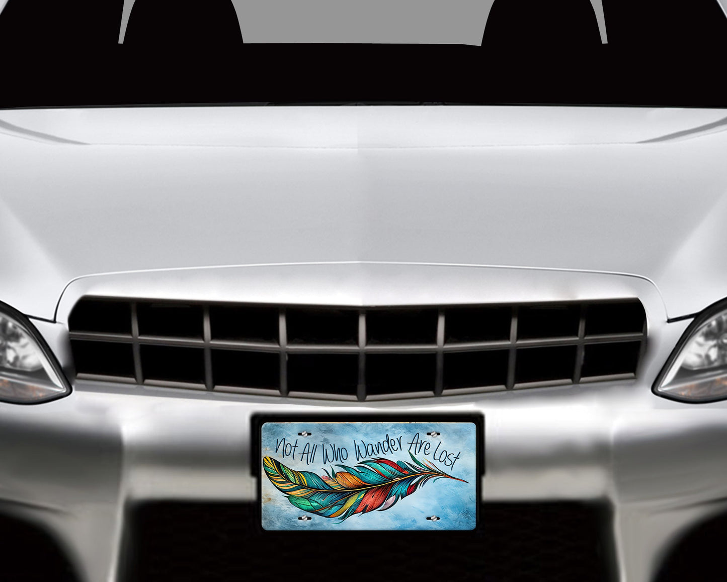 Vanity Front License Plate, Not All Who Wander Are Lost Feather Aluminum License Plate Car Accessory Decorative Front Plate