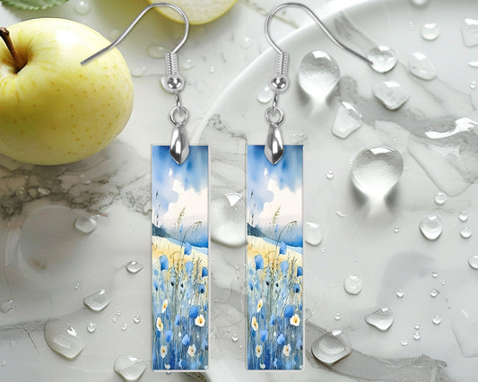 Blue Wildflowers Earrings, Printed Wood Dangle Earrings Hypoallergenic Jewelry Handmade