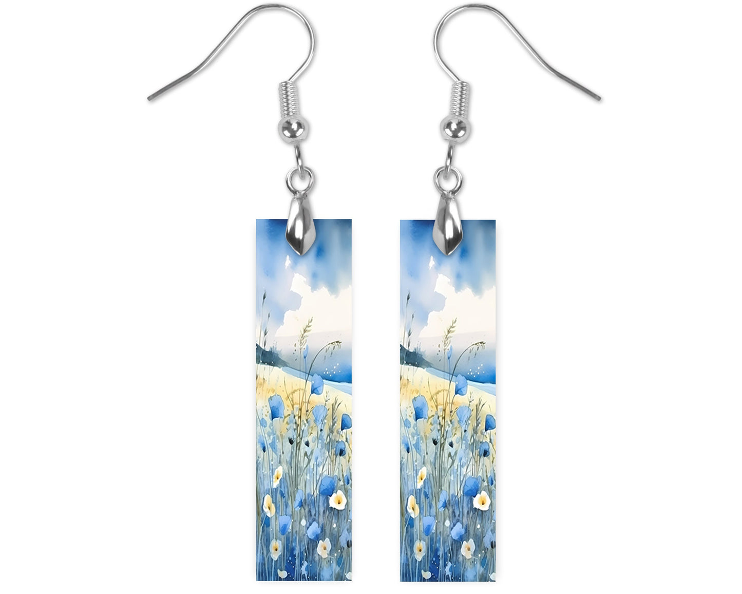 Blue Wildflowers Earrings, Printed Wood Dangle Earrings Hypoallergenic Jewelry Handmade