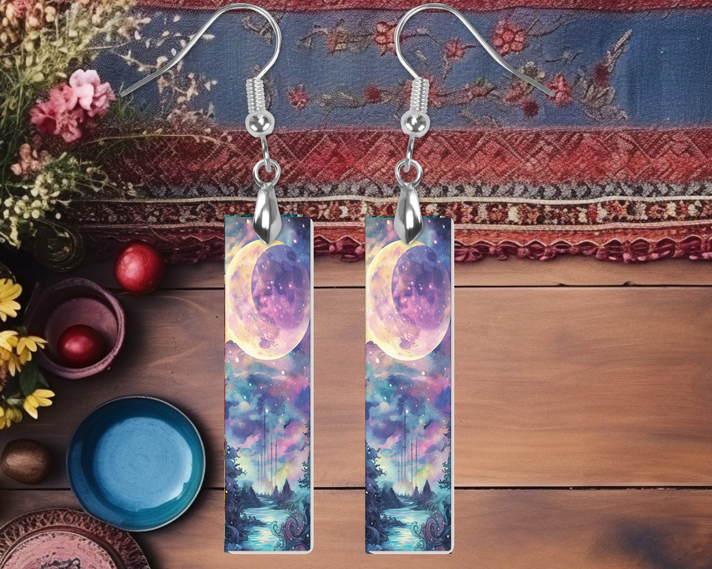 Celestial Watercolor Printed Wood Dangle Earrings Hypoallergenic Jewelry Handmade