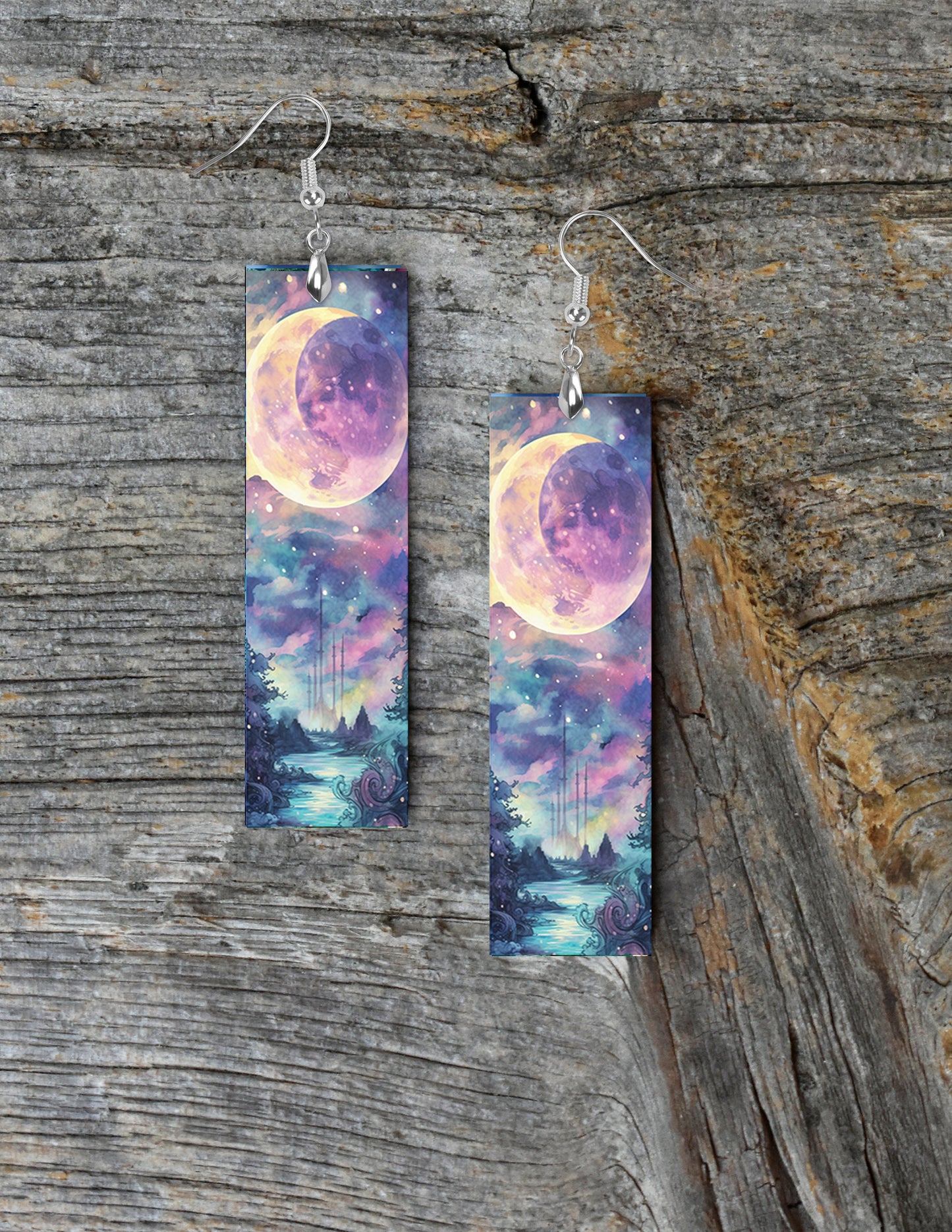 Celestial Watercolor Printed Wood Dangle Earrings Hypoallergenic Jewelry Handmade