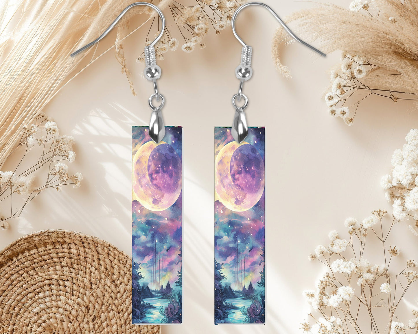 Celestial Watercolor Printed Wood Dangle Earrings Hypoallergenic Jewelry Handmade