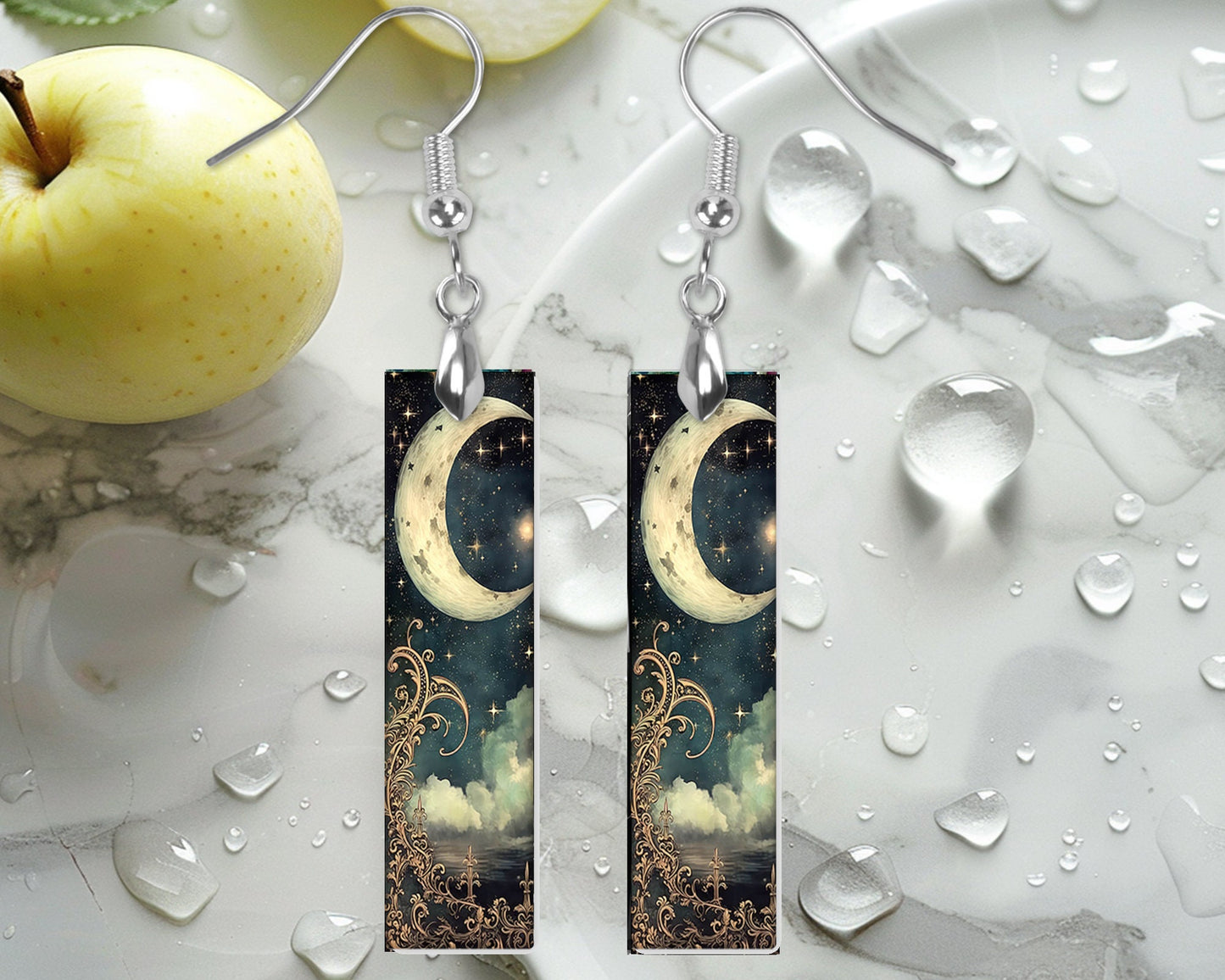 Crescent  Moon Earrings, Printed Wood Dangle Earrings Hypoallergenic Jewelry Handmade