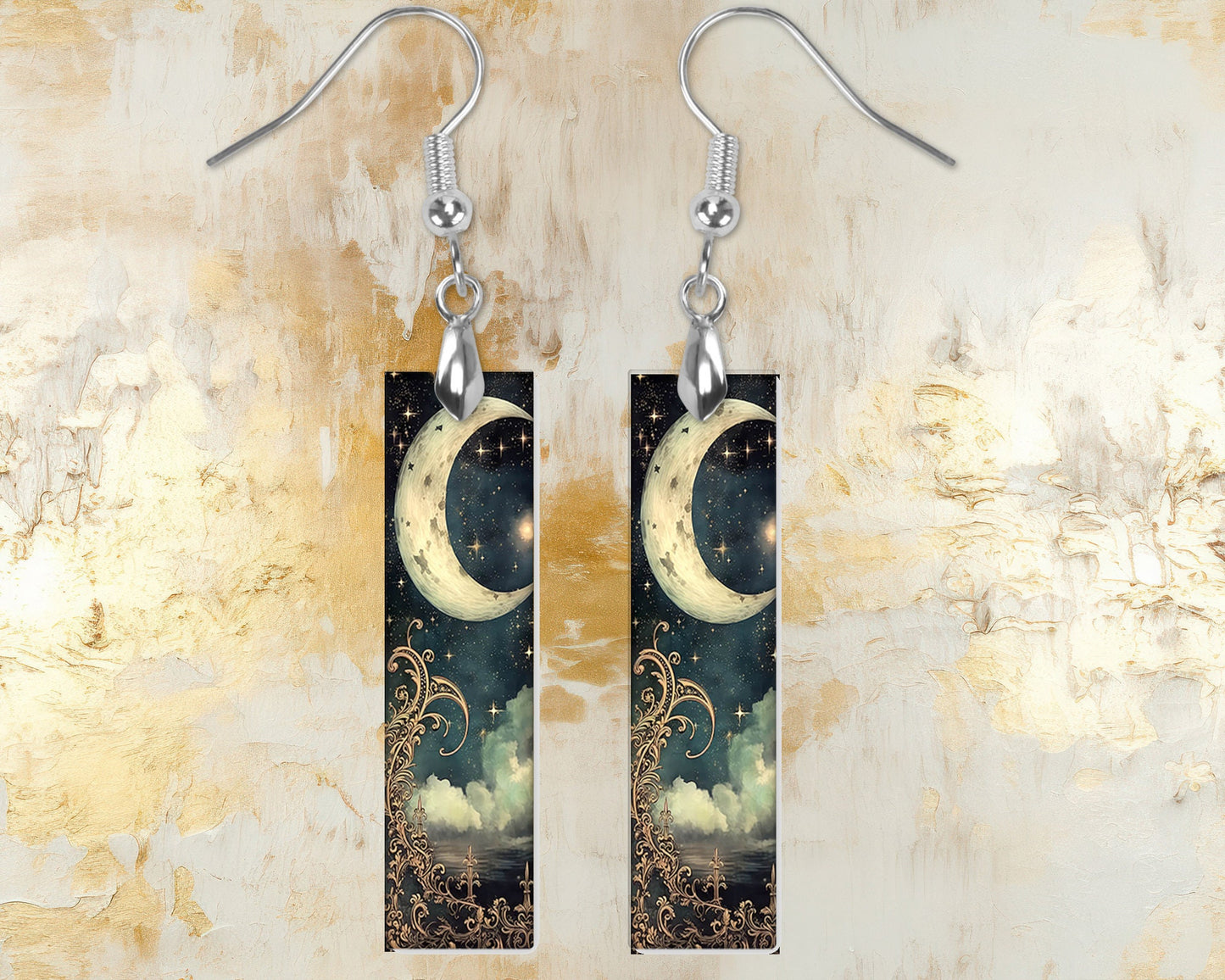 Crescent  Moon Earrings, Printed Wood Dangle Earrings Hypoallergenic Jewelry Handmade