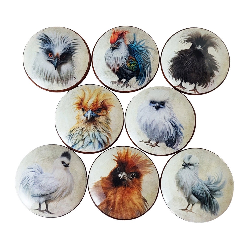 Silkie Chickens Cabinet and Drawer Knobs, Set of 8 Wood Drawer Knobs and Pulls, Kitchen Cabinet Knobs