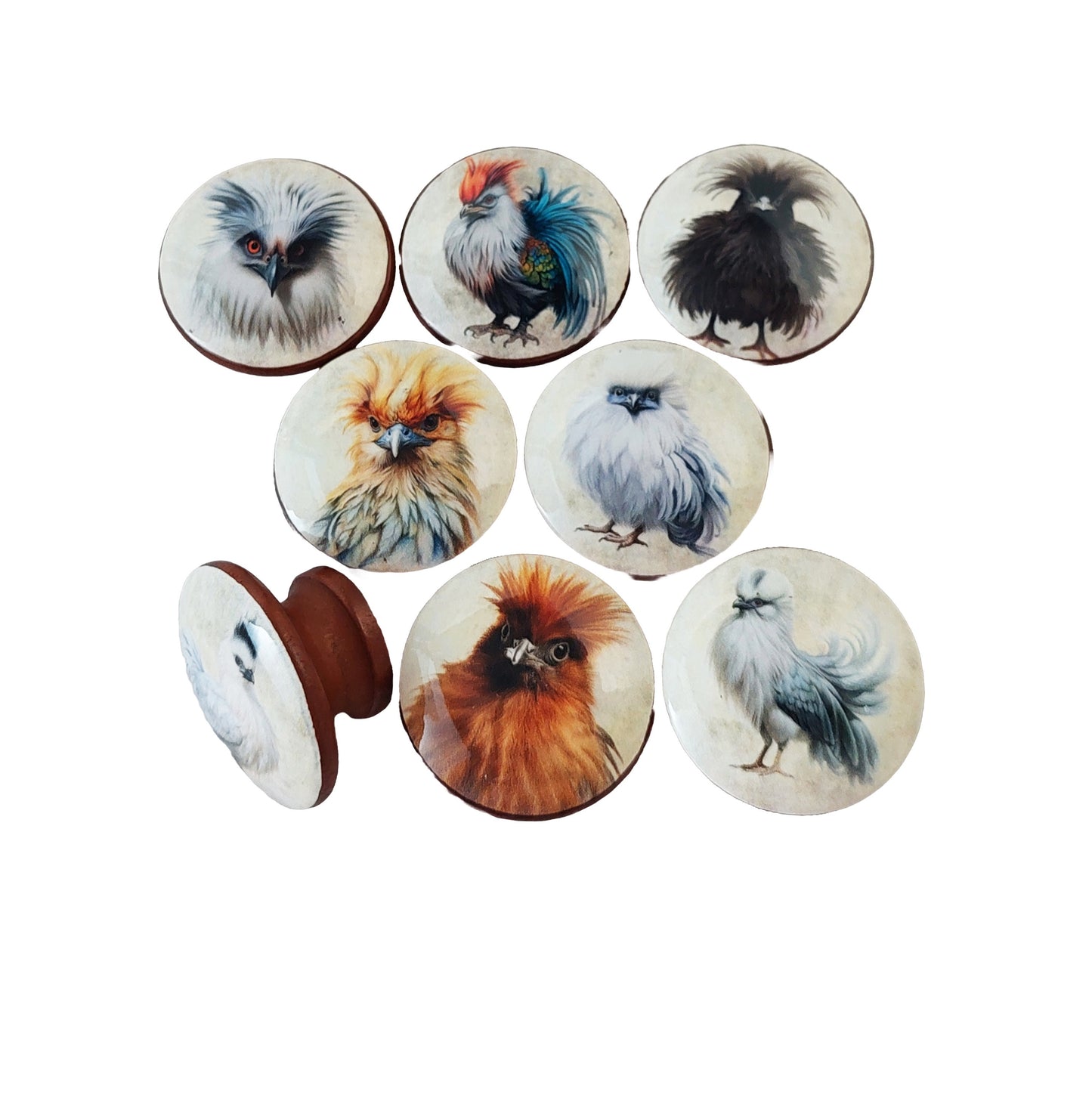 Silkie Chickens Cabinet and Drawer Knobs, Set of 8 Wood Drawer Knobs and Pulls, Kitchen Cabinet Knobs