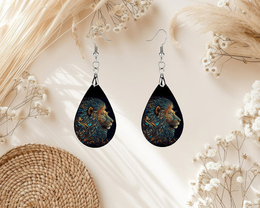 Lion Art Earrings Print Tear Drop Wood Dangle Earrings Hypoallergenic Jewelry