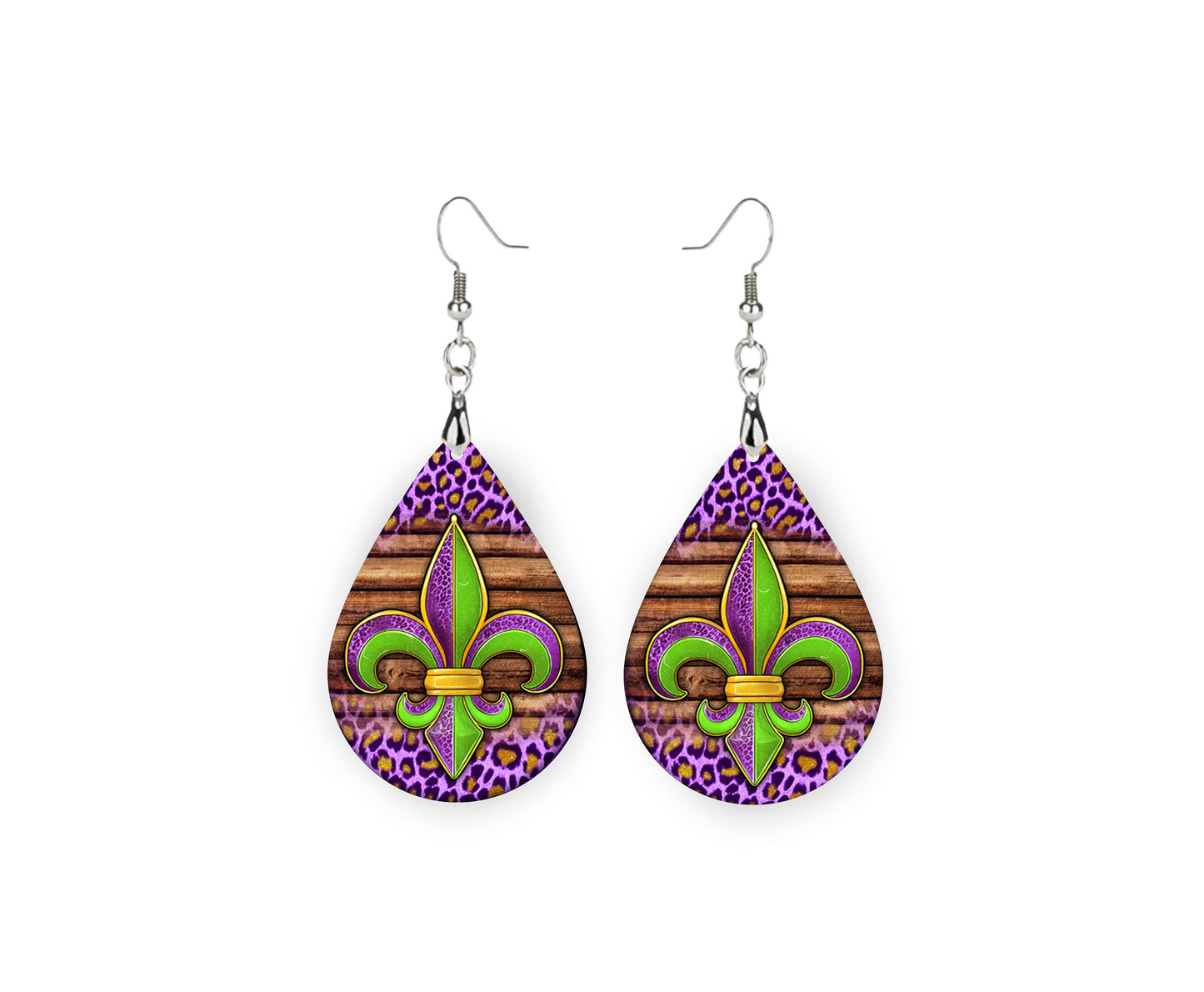 Mardi Gras Fleur de Lis Earrings Print Tear Drop Wood Dangle Earrings Hypoallergenic Jewelry