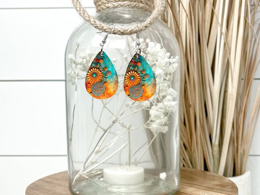 Orange Turquoise Floral Earrings Print Tear Drop Wood Dangle Earrings Hypoallergenic Jewelry