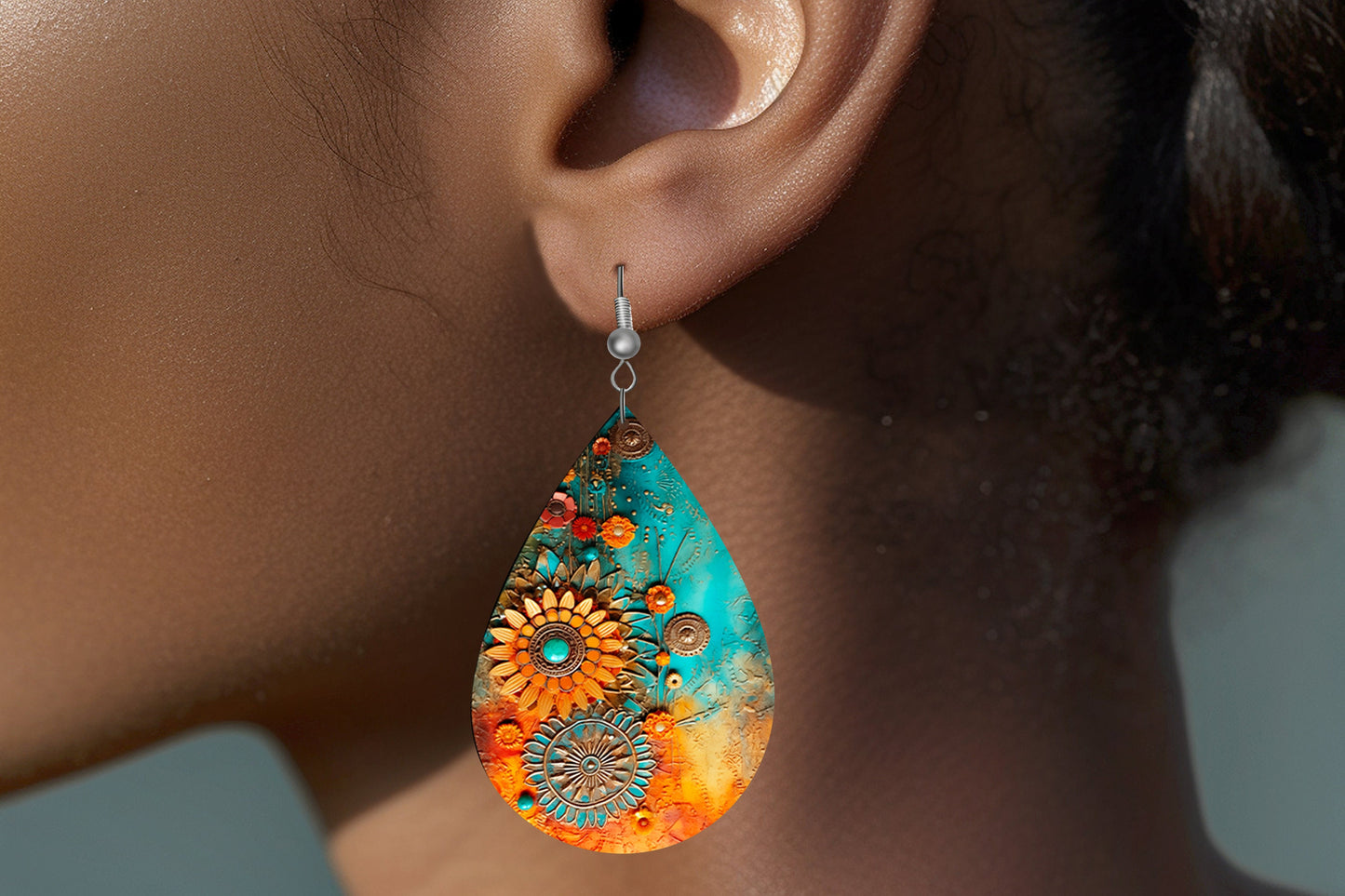 Orange Turquoise Floral Earrings Print Tear Drop Wood Dangle Earrings Hypoallergenic Jewelry