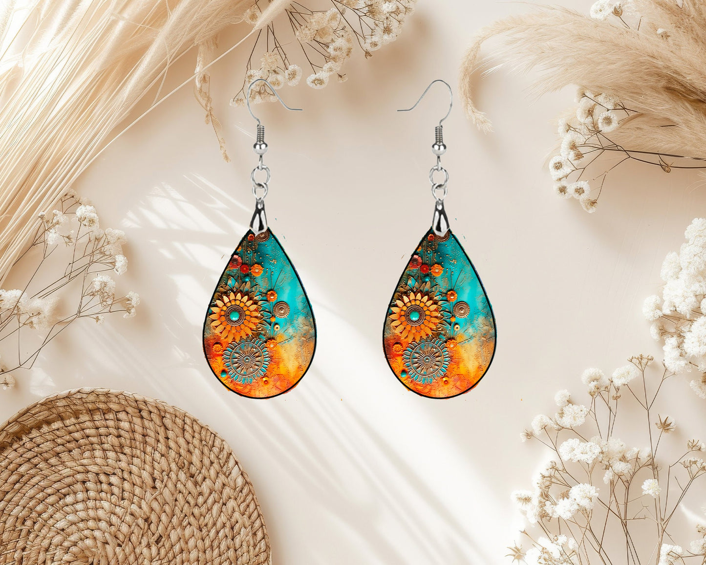 Orange Turquoise Floral Earrings Print Tear Drop Wood Dangle Earrings Hypoallergenic Jewelry